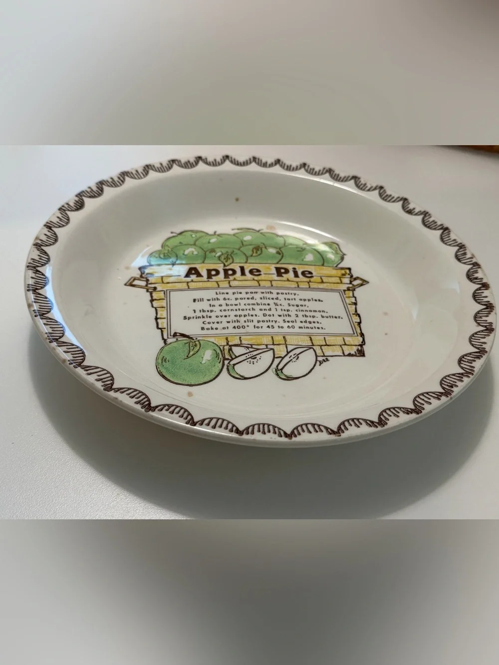 Vtg 1980s Apple Pie Recipe Plate Retro FarmhouseGreen Apple Ceramic Baking Dish